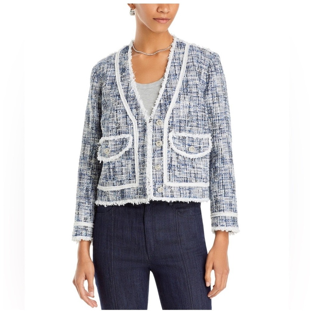 AQUA Womens Boucle Tweed Blazer Jacket S Blue Fringe Trim Lady Classic Old Money
